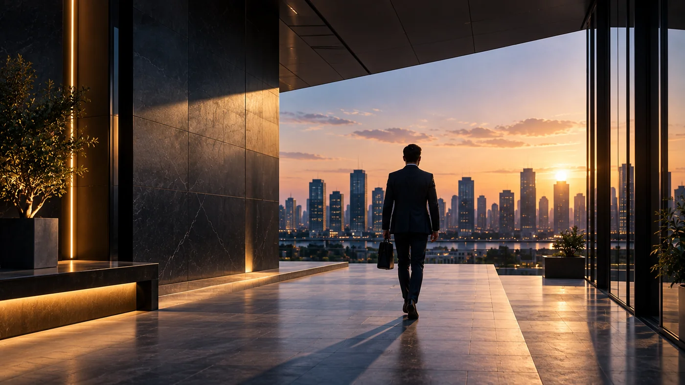 Business professional walking along a modern glass walkway overlooking a city skyline