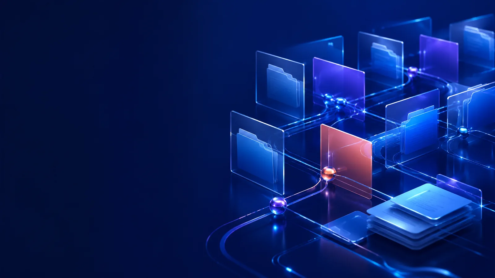Glass folders and documents connected by glowing data streams — representing organized operational workflows