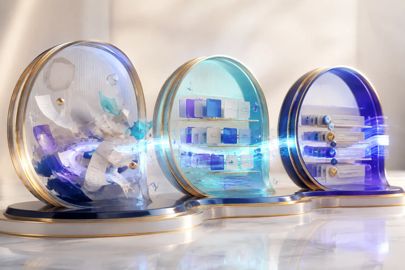 Three glass capsules showing the QARM process: scattered documents becoming organized, then fully structured and checked off