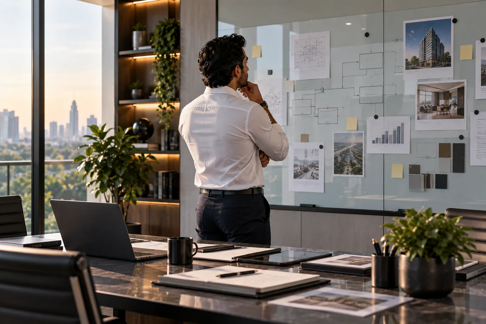 Professional reviewing business strategy documents in a modern office