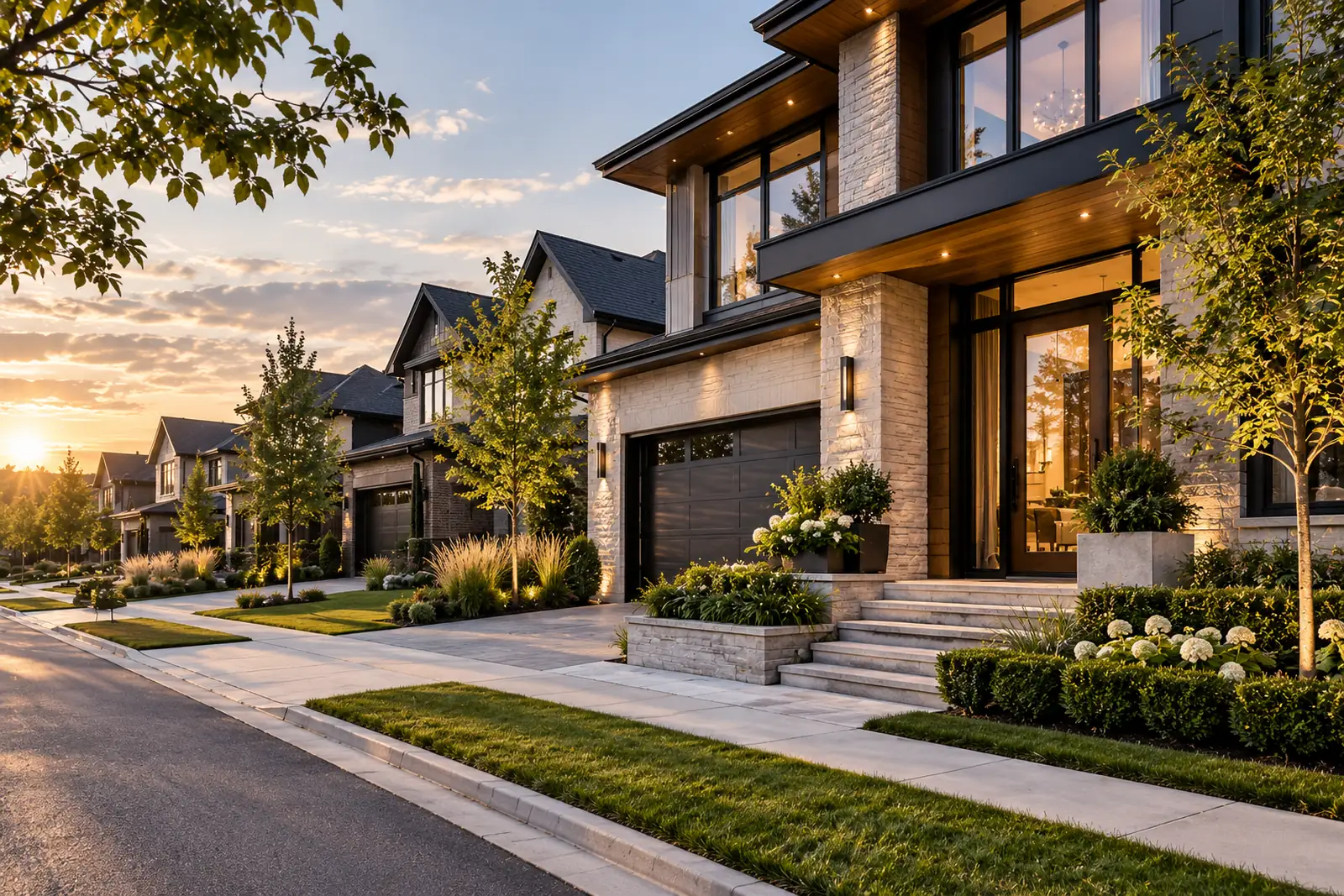 Modern residential real estate development at dusk