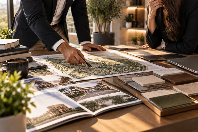 Real estate development planning with site maps and material samples
