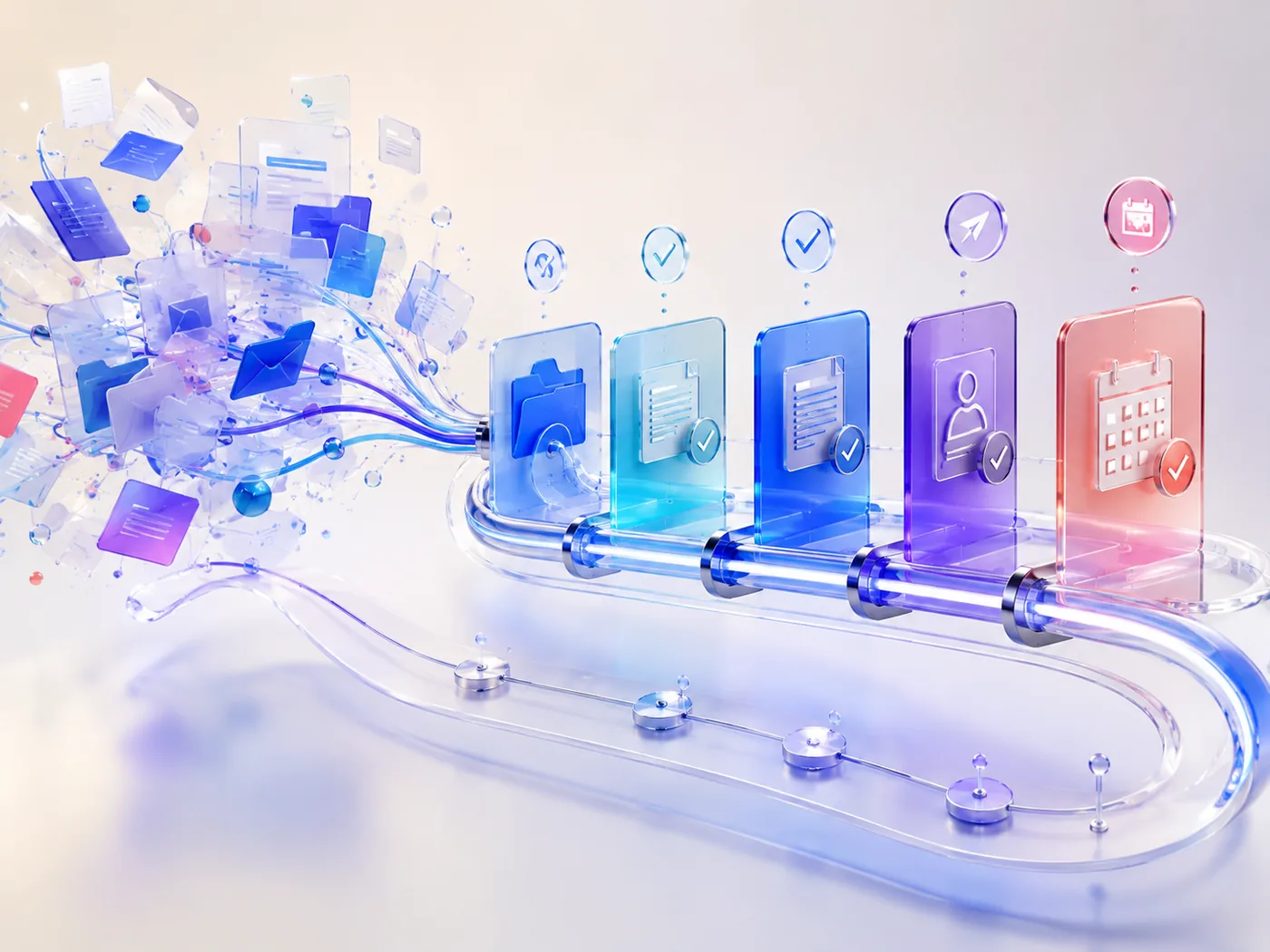Colorful pipeline visualization showing documents and tasks flowing through organized stages